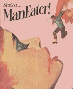 an advertisement for man eater on the side of a pink wall with a person jumping up and down