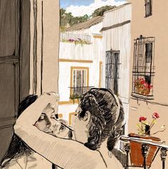 a drawing of a woman looking out the window