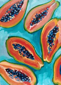 an acrylic painting of papaya slices on a blue background