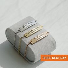 "❤ W H Y ∙ Y O U ' L L ∙ L O V E ∙ I T ☆ Over 18,000, 5-Star reviews, you can't go wrong with them. ☆ SHIPS THE NEXT DAY. ☆ Beautifully boxed for gift-giving. Bridesmaid Bracelet Gift Personalized, Wedding Gifts, Bridesmaid Jewelry, Engraved Name Bracelet, Maid of Honor Looking for a unique and thoughtful gift for your bridesmaids? Look no further than our Personalized Bridesmaid Bracelet Gift! This beautiful bracelet is made with high-quality materials and features a customizable bar that can b Adjustable Engraved Name Bracelet For Bridesmaid Gift, Adjustable Minimalist Name Bracelet For Bridesmaids, Personalized Minimalist Name Bracelet For Bridesmaid, Minimalist Personalized Name Bracelet For Bridesmaid, Minimalist Bracelets For Bridesmaid And Mother's Day Gifts, Minimalist Bracelets For Bridesmaid Gift On Mother's Day, Customizable Nameplate Bracelets For Wedding, Adjustable Name Bracelet With Engraving Option For Wedding, Adjustable Jewelry With Custom Text For Wedding