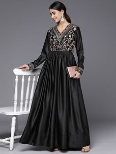 Black floral embroidered gown dressV-neckLong, regular sleevesThread work detailMaxi length in flared hem Elegant Embroidered A-line Maxi Dress, Elegant V-neck Dress With Intricate Embroidery, Embroidered Long Sleeve Dress For Eid, Long Sleeve Embellished Embroidered Dress For Eid, Fitted V-neck Dress With Embroidered Neckline, V-neck Wedding Dress With Resham Embroidery, Festive V-neck Dress With Resham Embroidery, Embroidered V-neck Maxi Dress For Evening, Traditional V-neck Embroidered Wedding Dress