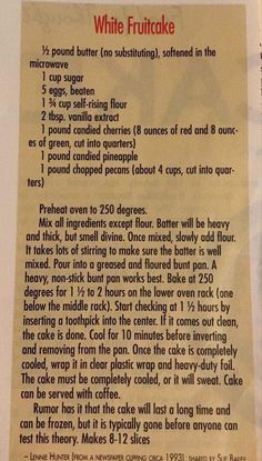 a recipe for white fruitcake on a piece of paper