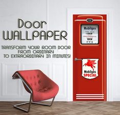 an old fashioned red wall paper dispenser in front of a white door