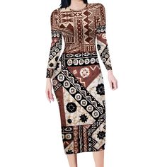 Bula Fiji Long Sleeve Bodycon Dress Unique Masi Tapa Pattern LT14 Long Dress Brown - Polynesian Pride Dress Unique, Sleeve Bodycon Dress, Long Sleeve Bodycon, Long Sleeve Bodycon Dress, Unique Dresses, Family Matching, Delivery Man, Anti Wrinkle, Production Process