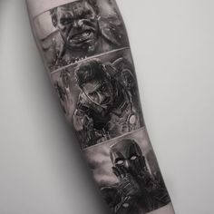 a man's arm with tattoos on it and pictures of the characters from movies