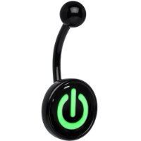 a black and green glow in the dark power button navel bar with an arrow on it