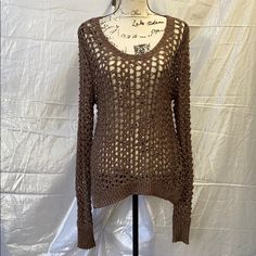 Knitted Brown Long Sleeve Blouse Brand : Lucky Brand In Perfect Condition Delicate Material Any Questions Please Ask Size : Xl Brown Open Knit Sweater For Layering, Bohemian Long Sleeve Pointelle Knit Top, Brown Open Knit Top, Bohemian Pointelle Knit Sweater For Layering, Brown Open Knit Crochet Top For Fall, Brown Open Knit Top For Fall, Casual Brown Crochet Top With Open Knit, Brown Open Knit Tops For Layering, Bohemian Pointelle Knit Top For Fall