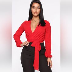 New With Tag Fashion Nova Versatile Red Wrap Blouse. Size Small Elegant Red V-neck Blouse, Red V-neck Top For Office, Trendy Red Office Blouse, Red Long Sleeve Office Top, Red Long Sleeve Top For Office, Trendy Red Long Sleeve Blouse, Red Office Tops For Fall, Red Fall Office Tops, Red Fall Office Top