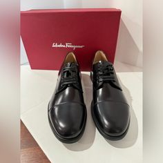 Authentic Brand New Salvatore Ferragamo Larry Dress Leather Shoes Size Us 8.5 Comes With Box. Designer Calf Leather Lace-up Derby Shoes, Luxury Plain Toe Lace-up Shoes For Work, Luxury Cap Toe Lace-up Shoes For Formal Occasions, Elegant Leather Sole Derby Lace-up Shoes, Luxury Cap Toe Lace-up Shoes For Business Casual, Elegant Cap Toe Loafers With Branded Insole, Elegant Derby Shoes With Leather Sole, Lace-up Style, Elegant Derby Shoes With Leather Sole And Lace-up, Luxury Business Casual Cap Toe Lace-up Shoes