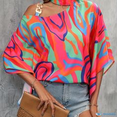 Orcajump - Colorblock Geometric Print Blouse, Casual Cold Shoulder Blouse For Spring & Summer, Women's Clothing Blouse Casual, Cold Shoulder Blouse, Round Neck Dresses, Print Blouse, Casual Blouse, Plus Size Casual, Printed Blouse, Dance Wear, Geometric Print