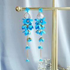 Boho Long Blue Flower Wedding Earrings for Bride Bridal - Etsy Poland Blue 3d Flower Drop Earrings, Elegant Blue Chandelier Earrings For Wedding, Elegant Light Blue Flower Earrings, Blue Flower-shaped Wedding Jewelry, Elegant Light Blue Dangle Flower Earrings, Elegant Blue Flower Earrings, Elegant Blue Earrings With 3d Flowers, Blue Elegant Earrings With 3d Flowers, Light Blue Flower Jewelry For Wedding