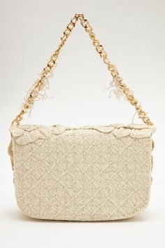 Ivory bag with floral hand embroidery using Japanese bugle beads embellishments. Comes along with a gold finish detachable chain strap. - Aza Fashions Luxury Embellished Cream Bags, Luxury Beige Embellished Bags, Beaded Rectangular Bag For Reception, Rectangular Beaded Bag For Reception, Beige Embellished Rectangular Shoulder Bag, Luxury Embroidered Cream Bag, Beige Bags With Pearl Embroidery For Reception, Luxury Bags With Pearl Handle For Reception, Evening Embroidered Cream Shoulder Bag