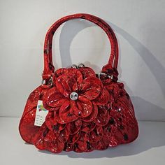 15" W X 11" Tall X 5" Deep New With Tags Boutique Bag. Chrome Clasps Do Have Some Flaws As Pictured. Red Satchel Evening Bag, Red Handheld Satchel For Party, Handheld Red Satchel For Party, Red Handheld Bag With Top Carry Handle, Versatile Red Top Handle Evening Bag, Red Handheld Bag With Detachable Handle, Red Satchel With Detachable Handle For Party, Red Shoulder Evening Bag For Shopping, Red Double Handle Bag For Party