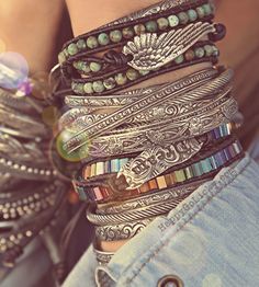 Stacking cuffs, silver bangles, and wrap bracelets give you that carefree boho chic look. PIN15 coupon code saves you 15% on HappyGoLicky jewelry. Just CLICK pic to see more now. Silver Cuff Bracelets, African Bracelets, Stack Bracelets, Bracelets Boho, Open Bangle Bracelet, Modern Hippie, Fall Trend, Bracelets Bangle, Stackable Bangles