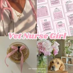 a collage of photos with pink flowers in vases and a vet nurse's office