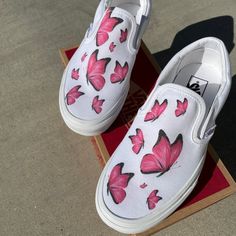 Fly away with our Custom Printed Butterfly Vans!  The Pink Butterfly Pattern is printed all over the White Slip on Vans. Custom Made-to-Order shoes. Made in USA.We buy each pair of shoes BRAND NEW. Each pair is made to order, please make sure you put in the correct shoe size before you check out. The ink is permanent and will never come off, fade away, or peel off. Made in the USA. This price includes everything: shoes, artwork, and shipping. Thanks for stopping by our Etsy shop! Please message Hand Painted Slip-on Sneakers For Spring, Spring Slip-on Custom Sneakers, Summer Slip-on Custom Sneakers With Rubber Sole, Butterfly Vans, Custom Slip On Vans, Shoes Artwork, Canvas Shoes Diy, White Slip On Vans, Vans Custom