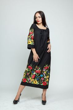 Women's embroidered dress with a floral pattern. Fabric of the black dress is cotton. Hand embroidery is located on the bottom of the floral dress and sleeves . Embroidery is contained a very nice combination of floral patterns on a black background . This everyday dress be worn during the summer and on holiday. Please, select you size: Bust S 84-88(cm) 33-35,5 (inches) M 92-96(cm) 36.2-37,7 (inches) L 100-104(cm) 39,3-40,9 (inches) XL 108-112(cm) 42.5-44 (inches) XXL 116-120(cm) 45.6-47.2 (inch Embroidered Corduroy, Embroidered Dresses, Loose Fit Blouse, Denim Maxi Dress, Bohemian Blouses, Handmade Dress, Dress Handmade, Folk Fashion, Printed Bodycon Dress