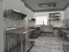 an empty commercial kitchen with stainless steel appliances