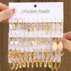 48 Pcs/Set Golden Fashion Elegant Metal Wide Gloss Butterfly Heart Pendant Earrings For Women Daily Shein Earrings, Embellished Fashion, Pearl Love, Heart Decor, Pearl Heart, Earring Sets, Jewelry Appraisal, Gold Collar, Estilo Punk