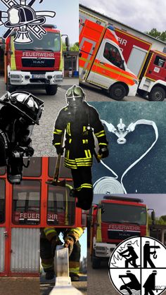 fire fighters and rescue vehicles are depicted in this collage