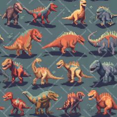 an image of pixelated dinosaurs in different poses