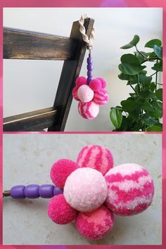 Big, pink pom pom door knob hanger | Pom pom decorations | Pom pom door knob hanger | Door Knob Hanger, Pom Pom Decor, Basket Handle, Pom Pom Decorations, Pom Pom Flowers, Woven Wall Hangings, Doorknob Hangers, Dresser Knob, Pom Pom Garland