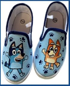 Bluey and Bingo hand painted canvas slip on shoes  Can personalize with your child's name on the side Blue Sneakers With Custom Artwork, Hand Painted Canvas Shoes With Round Toe, Hand-painted Canvas Shoes With Round Toe, Hand Painted Round Toe Canvas Shoes, Bluey And Bingo, Bluey Bingo, Diy Sneakers, Canvas Slip On Shoes, Hand Painted Shoes