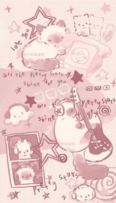 an animal with a guitar and other items on it's back cover, in pink