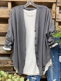 Gray Cotton-Blend Long Sleeve Cardigan Gray Accessories, Gray Jewelry, Cardigan Casual, Long Sleeve Outerwear, Shop Accessories, Casual Outerwear, Long Sleeve Print Dress, Casual Cardigans, Womens Tops Summer