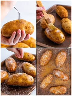 the process of making baked potatoes is shown in four different pictures, including one being brush - dipped with powdered sugar