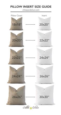 the pillow insert size guide is shown in four different sizes, including one for each pillow