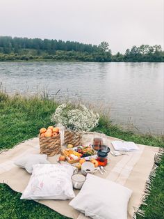 a picnic on the bank of a river with food and drinks laid out in front of it