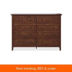 a wooden dresser with the words now trending $ 50 & under