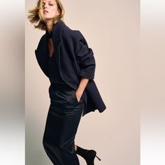 Short Coat Made Of Wool Blend Fabric. Lapel Collar And Long Sleeves. Front Pockets. Tonal Lined Interior. Front Double Breasted Button Closure. Outer Shell 75% Wool 25% Polyamide Lining 100% Viscose Navy Blue Color 8548/730 C9 Chic Outerwear For Work, Elegant Navy Outerwear For Office, Chic Tailored Single-breasted Peacoat, Chic Tailored Single Breasted Peacoat, Chic Navy Outerwear With Lapel Collar, Chic Navy Blazer With Notch Lapel, Tailored Spring Peacoat For Workwear, Chic Blue Office Wear Blazer, Chic Navy Tailored Outerwear