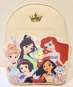 Disney Princess Loungefly Backpack, Disney Style Backpack For School, Disney Style Backpack With Zipper Closure, Cute Backpack For Back To School And Theme Park, Themed Character Print Bags For Disney Trips, Disney Backpack For Theme Park And Back To School, Themed Bags With Character Print For Disney Trips, Disney-themed Character Backpack, Disney Back To School Bags With Zipper Closure