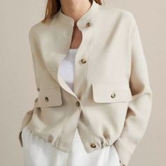 Brand New Without Tags Beige Stand Collar Outerwear For Work, Beige Outerwear With Stand Collar For Work, Elegant Beige Outerwear With Button Cuffs, Elegant Neutral Outerwear For Work, Elegant Stand Collar Blazer With Pockets, Elegant Button-up Spring Outerwear, Elegant Spring Button-up Outerwear, Massimo Dutti Women, Minimalist Capsule Wardrobe