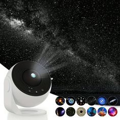 an image of a night sky with stars and planets in the background, including a projector