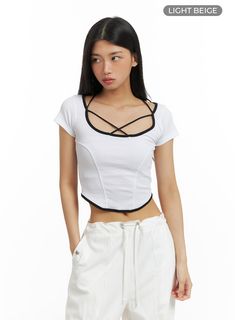 x-strap-solid-crop-tee-ca424 / Light beige Stretch Tops For Summer Streetwear, Fitted Y2k Tops For Summer, Edgy Summer Crop Top With Crew Neck, Fitted Y2k Tops For Spring, Spring Y2k Fitted Tops, Edgy Crew Neck Crop Top For Summer, Y2k Stretch Tops For Summer, Edgy Spring Crop Top, Edgy Cotton Tops For Spring