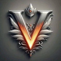 the letter v is made up of silver and orange feathers with an intricate design on it