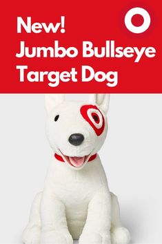 a white stuffed dog with the words new jumbo bullseye target dog on it