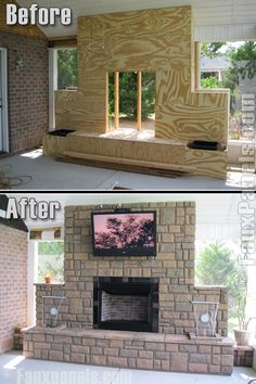 before and after pictures of a brick fireplace being built in a home's front yard