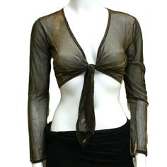 Cejon Women's Tie Front Top Long Sleeve Wrap Shrug Black/Gold Iridescent  This top is a Sheer Knit W51036 We do recommend choosing Standard or Expedited at checkout if you need your item faster Sheer Shrug, Metallic Liquid, Outfits Modest, Gold Tie, Sheer Knit, Dance Tops, Womens Tie, Front Tie Top, Burning Man