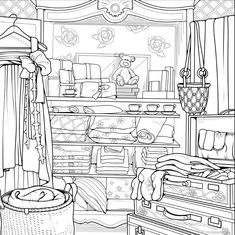 a coloring page with an image of a bedroom