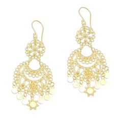 Featuring intricate patterns in 18k gold plated sterling silver wire work and dot patterns two glamorous crescents are featured in this pair of chandelier earrings from Bali. Desi Antari designs the earrings featuring sun shapes and gleaming medallions that dangle below. Gold Dangle Chandelier Earrings For Summer, Gold Chandelier Drop Earrings For Summer, Gold Chandelier Earrings For Summer Gift, Elegant Sun And Moon Design Drop Earrings, Handmade Gold Chandelier Earrings For Summer, Gold Bohemian Chandbali Chandelier Earrings, Elegant Metal Earrings With Sun And Moon Design, Elegant Sun And Moon Design Metal Earrings, Gold Dangle Earrings With Sun And Moon Design