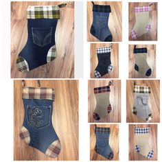 nine pairs of jeans with different designs on them