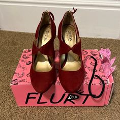 Guess By Marciano Red Suede Heels. Never Worn, Size 6.5 Burgundy Almond Toe Heels With 4-inch Heel, Red Closed Toe Heels With Sculpted Heel, Formal Wedge Heels With Red Sole, Red Almond Toe Court Shoes With Heel Strap, Formal Red-sole Wedge Heels, Red Sole Wedge Heel Evening Shoes, Red Wedge Heels With 4-inch Heel, Evening Wedge Heels With Red Sole, Burgundy Heels With Red Sole