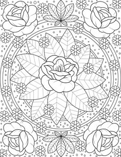 a coloring page with roses and leaves in the center, surrounded by circles on white paper