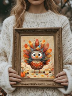 a woman holding up a painting with an owl on it