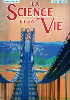 an old poster shows a bridge going across the water