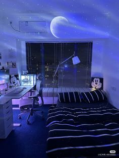 a bed room with a neatly made bed next to a window and a night light